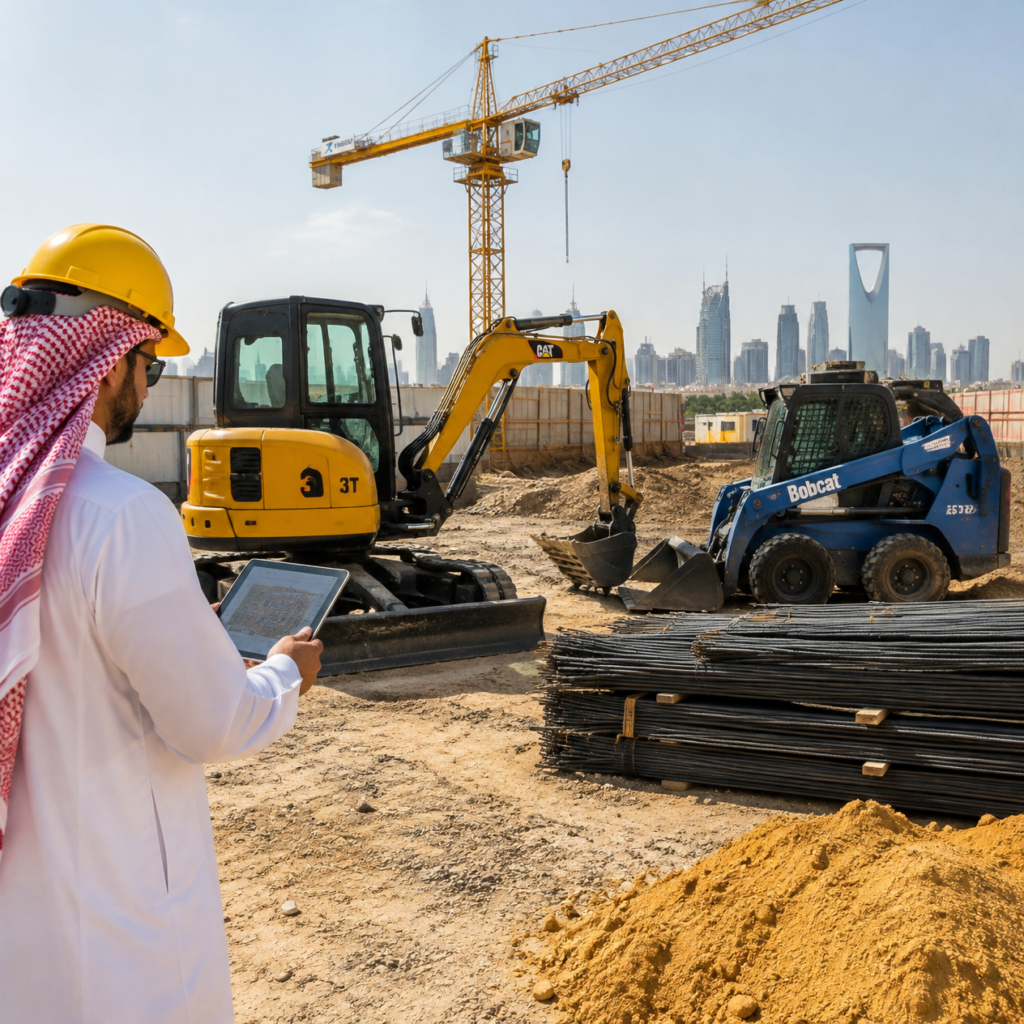 موقع بناء صغير مع مهندس يراجع خطة المعدات في الرياض - ديارنا الحديثة